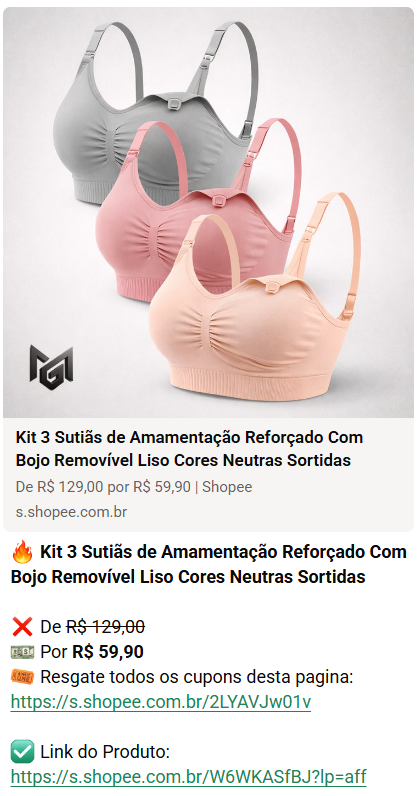 Oferta de kit 3 sutiãs de amamentação com bojo removível