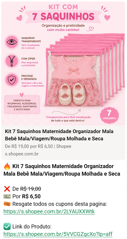 Oferta de kit 7 saquinhos organizadores de maternidade