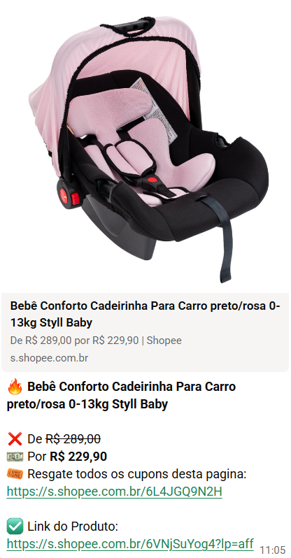 Oferta de bebê conforto cadeirinha para carro preto e rosa