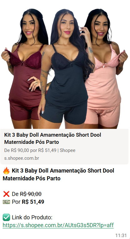 Oferta de kit 3 baby doll amamentação short dool maternidade