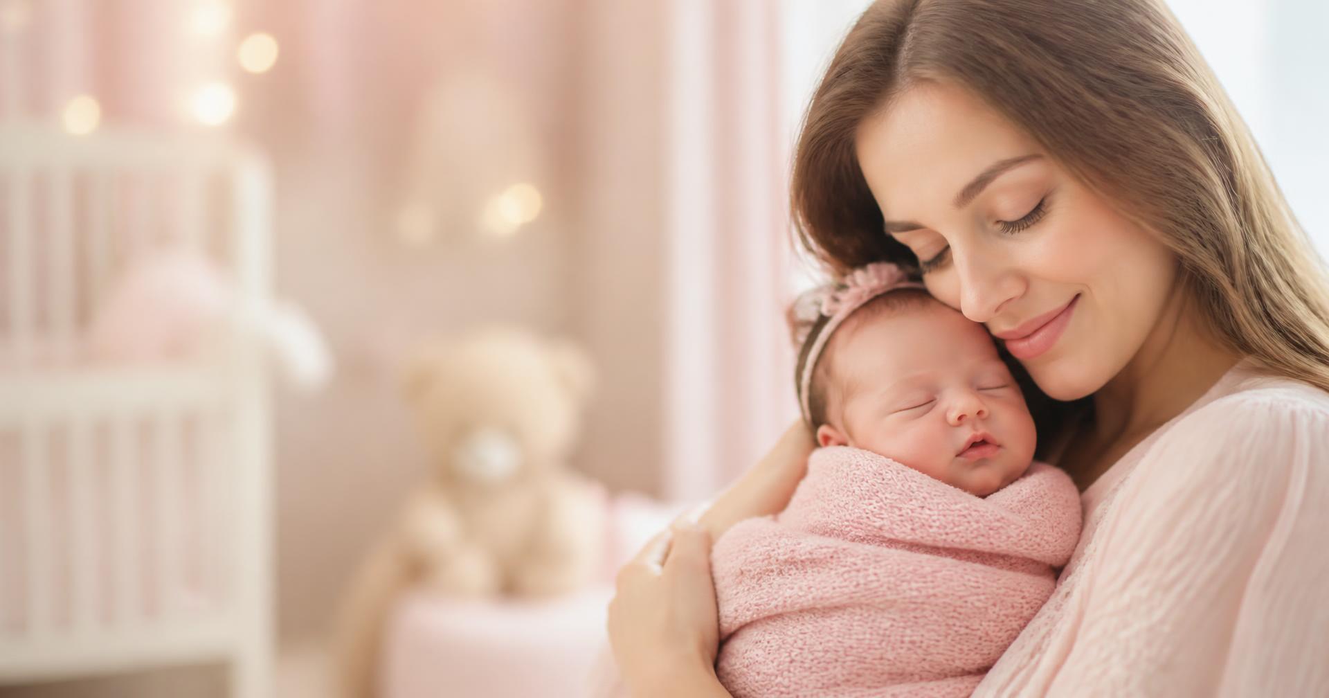 Mãe sorrindo abraçando seu bebê recém-nascido em um quarto rosa